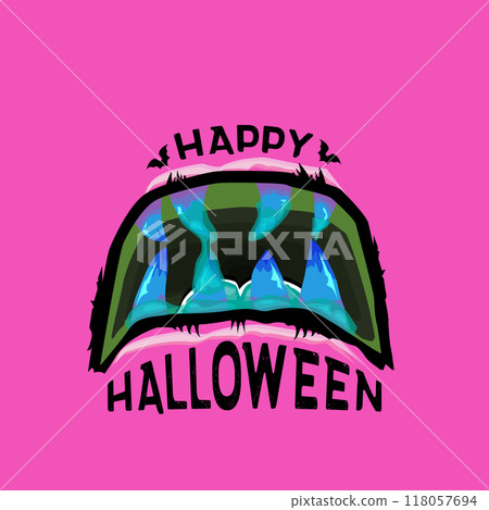 Pink vector Happy Halloween greeting card and poster with funny monster mouth and text. Cartoon vampire and zombie fangs. Cartoon funny zombie monster open mouth with drooling green slime 118057694