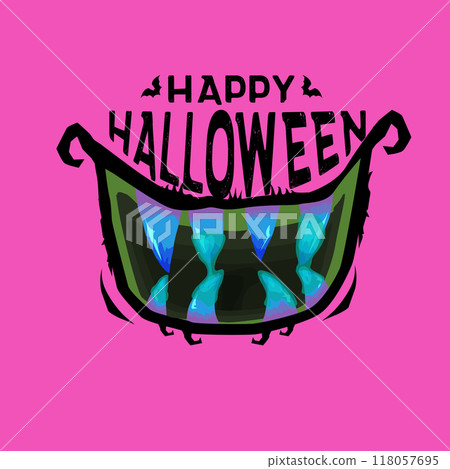Pink vector Happy Halloween greeting card and poster with funny monster mouth and text. Cartoon vampire and zombie fangs. Cartoon funny zombie monster open mouth with drooling green slime 118057695