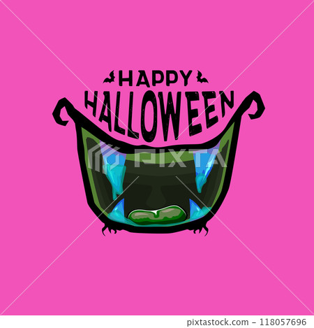 Pink vector Happy Halloween greeting card and poster with funny monster mouth and text. Cartoon vampire and zombie fangs. Cartoon funny zombie monster open mouth with drooling green slime Pink vector Happy Halloween greeting card and poster with funny monster mouth and text. Cartoon vampire and zombie fangs. Cartoon funny zombie monster open mouth with drooling green slime 118057696