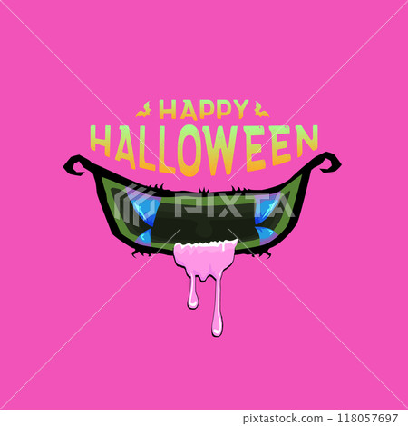 Pink vector Happy Halloween greeting card and poster with funny monster mouth and text. Cartoon vampire and zombie fangs. Cartoon funny zombie monster open mouth with drooling green slime Pink vector Happy Halloween greeting card and poster with funny monster mouth and text. Cartoon vampire and zombie fangs. Cartoon funny zombie monster open mouth with drooling green slime 118057697