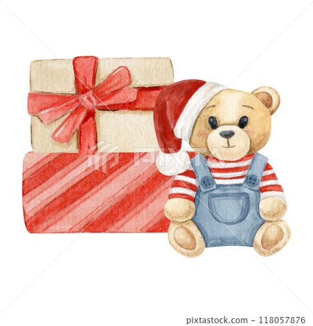 Watercolor composition with gift boxes and Teddy Bear in a santa hat 118057876