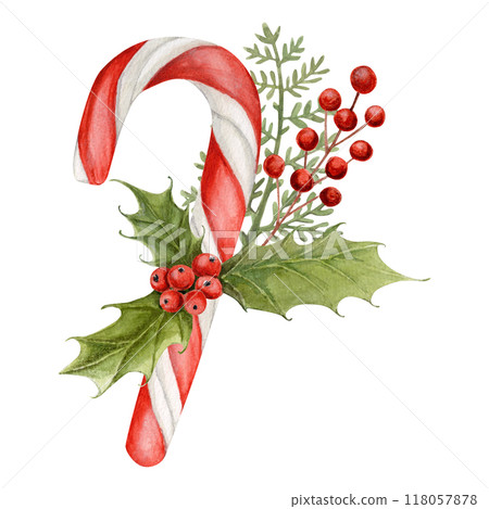 Watercolor composition with caramel, holly tree, branches and branches of red berries. Hand drawn illustration Watercolor composition with caramel, holly tree, branches and branches of red berries. Hand drawn illustration 118057878