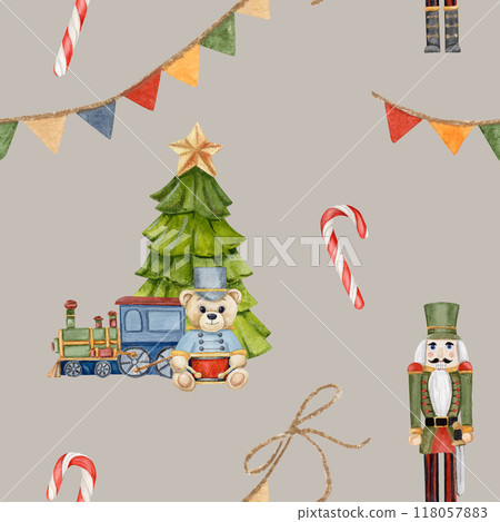 watercolor seamless pattern with Christmas tree, train and teddy Bear and nutcracker, caramel, garland with flags on beige background watercolor seamless pattern with Christmas tree, train and teddy Bear and nutcracker, caramel, garland with flags on beige background 118057883