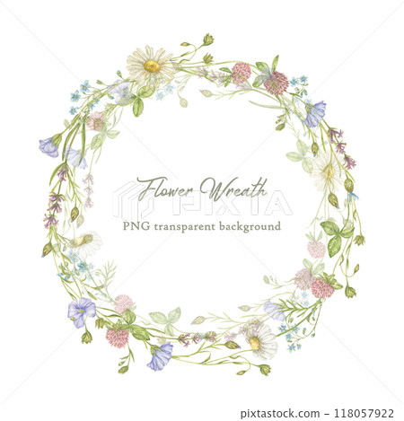 Watercolor wreath of wildflowers. Elements of floral design. Elegant illustration of a floral frame for wedding invitations, postcards, backgrounds, tags, posters, packaging 118057922