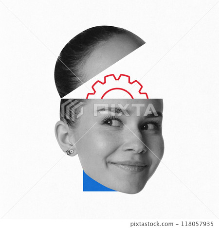 Contemporary art collage. Woman's face with gear symbol, representing psychometric assessment of mental and cognitive capabilities. Contemporary art collage. Woman's face with gear symbol, representing psychometric assessment of mental and cognitive capabilities. 118057935