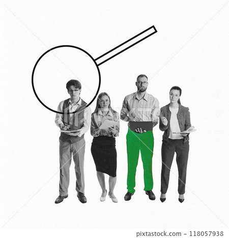 Contemporary art collage. Professionals under magnifying glass, representing scrutiny of candidates during hiring process. 118057938