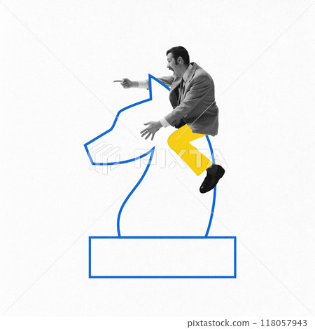 Contemporary art collage. Strategy. Businessman riding knight chess piece, symbolizing strategic thinking and leadership in corporate decision-making. Contemporary art collage. Strategy. Businessman riding knight chess piece, symbolizing strategic thinking and leadership in corporate decision-making. 118057943