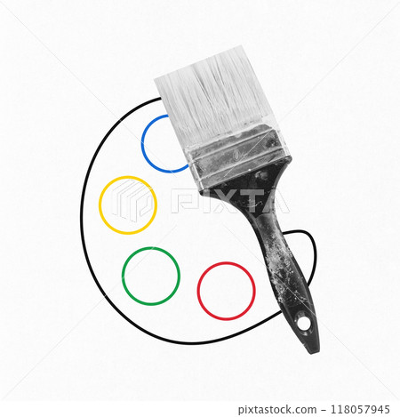 Contemporary art collage. Design. Paintbrush placed over color palette, symbolizing creativity and diversity involved in design process. 118057945