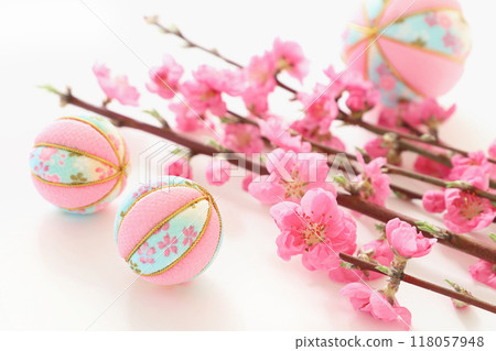 Chirimen ornament, Temari-shaped ornament, Peach blossom, Peach flower 118057948