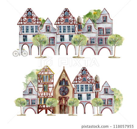 Old European city town street house church. Historical cityscape religious building, green trees. Watercolor hand drawn illustration. Tourist shops, souvenirs, travel brochures, architectural bureau Old European city town street house church. Historical cityscape religious building, green trees. Watercolor hand drawn illustration. Tourist shops, souvenirs, travel brochures, architectural bureau 118057955