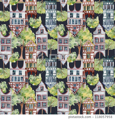 Old European city town street houses urban facades, trees. Historical cityscape building. Watercolor hand drawn seamless banner. For tourist shops, souvenirs, travel brochures, architectural bureau 118057958