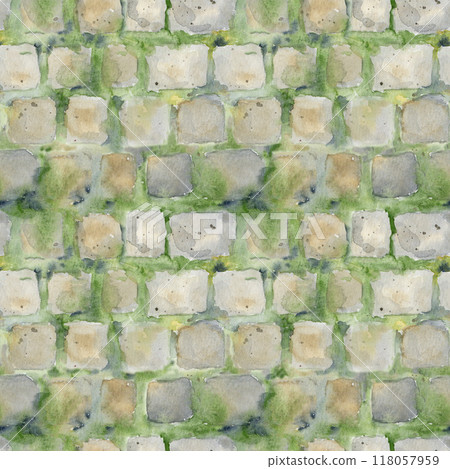 Old European city town street pavement wall, urban cobblestone brick stones. Historical cityscape building Watercolor hand drawn seamless pattern. Tourist shops, travel brochures, architectural bureau 118057959