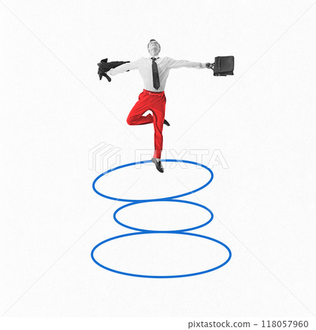 Contemporary art collage. Awareness: Joyful leap into air, symbolizing heightened awareness and freedom through mindful practice. Contemporary art collage. Awareness: Joyful leap into air, symbolizing heightened awareness and freedom through mindful practice. 118057960