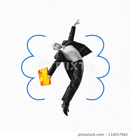 Contemporary art collage. Body. Man in suit leaps with bright briefcase, symbolizing freedom of movement and awareness of one's body. 118057962