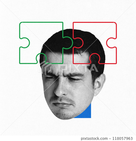 Contemporary art collage. Cognitive Skills. Man's face appears puzzled, with puzzle pieces representing brain's ability to solve problems and develop cognitive skills. Contemporary art collage. Cognitive Skills. Man's face appears puzzled, with puzzle pieces representing brain's ability to solve problems and develop cognitive skills. 118057963