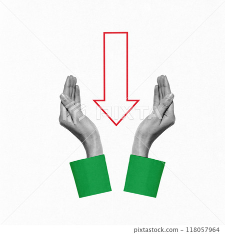 Contemporary art collage. Stress Reduction. Two hands gently guide downward arrow, symbolizing reduction of stress and letting go of burdens. Contemporary art collage. Stress Reduction. Two hands gently guide downward arrow, symbolizing reduction of stress and letting go of burdens. 118057964