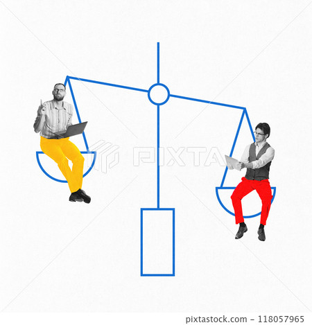 Contemporary art collage. Balance. Two men sitting on scale, illustrating balance needed in life and decision-making for mindful existence. Contemporary art collage. Balance. Two men sitting on scale, illustrating balance needed in life and decision-making for mindful existence. 118057965
