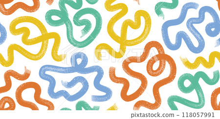 Childish bold brush strokes, lines. Hand drawn colorful seamless vector pattern with loop squiggle. 118057991