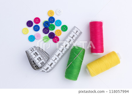 sewing concept isolated on white background, top view sewing concept isolated on white background, top view 118057994