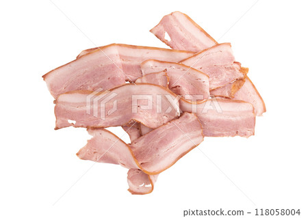 pieces of fresh bacon isolated on white background 118058004