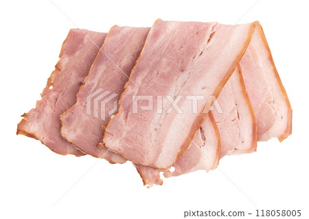 pieces of fresh bacon isolated on white background pieces of fresh bacon isolated on white background 118058005