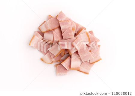pieces of fresh bacon isolated on white background 118058012