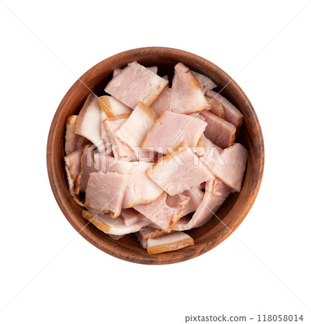 pieces of fresh bacon isolated on white background 118058014