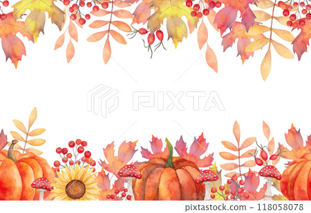 Autumn banner of pumpkins with berries and mushrooms, sunflower. Hand drawn isolated botanical frame. Watercolor illustration. Horizontal border for invitations, Thanksgiving, Halloween quotes. Autumn banner of pumpkins with berries and mushrooms, sunflower. Hand drawn isolated botanical frame. Watercolor illustration. Horizontal border for invitations, Thanksgiving, Halloween quotes. 118058078