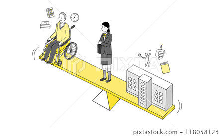 Teenage woman and elderly people, young carer image illustration, isometric, vector Teenage woman and elderly people, young carer image illustration, isometric, vector 118058123