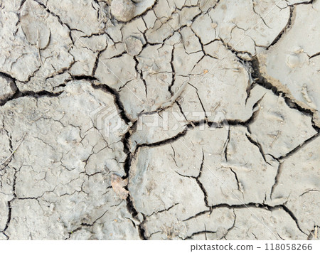 A close-up view of cracked, dry earth symbolizing the impact of drought and climate change. 118058266