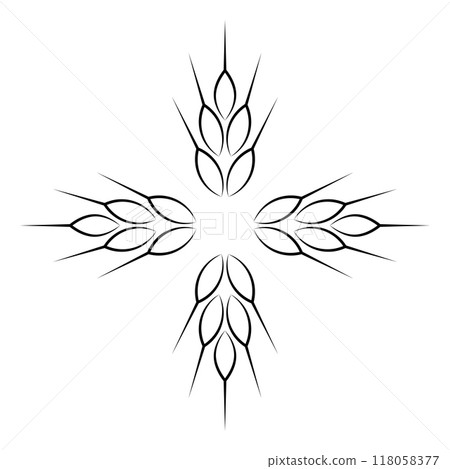 Wheat ears ornament and pattern. Transparent vector illustration with black outline. Editable template.  118058377