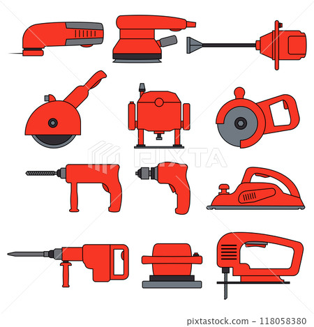 Electric power tools. Set of vector icons and illustration. Construction, repair and building. Drill, screwdriver, planer, jackhammer, jigsaw, plunge router. 118058380