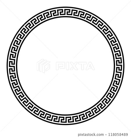 Big circle frame with seamless meander pattern. Decorative border with Greek key or also Greek fret motif, constructed from continuous lines, shaped into a repeated motif. Illustration over white. Big circle frame with seamless meander pattern. Decorative border with Greek key or also Greek fret motif, constructed from continuous lines, shaped into a repeated motif. Illustration over white. 118058489