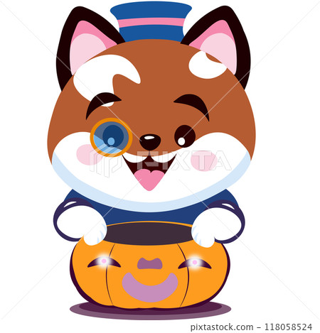 A funny cute fox cub dressed up for the Halloween holiday and brought a pumpkin Jack Lantern. Holiday card, sticker or gift card. Vector illustration 118058524