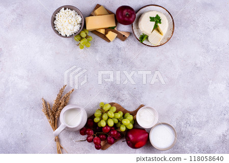 Judaic holiday Shavuot concept. Tzfat cheese and dairy products 118058640