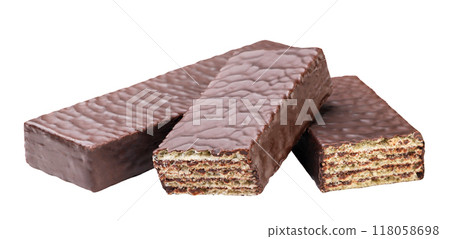 Wafer in chocolate and two halves on white background. Isolated Wafer in chocolate and two halves on white background. Isolated 118058698