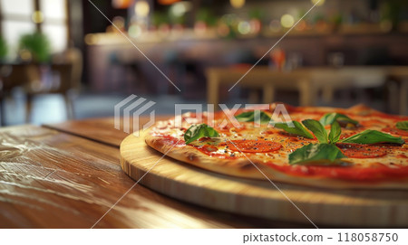 pizza on wooden table in pizzeria restaurant with blurred bokeh background 118058750