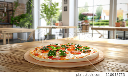 closeup pizza on wooden table in kitchen with blurred bokeh background 118058753