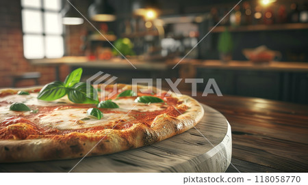 closeup pizza on wooden table in pizzeria restaurant with blurred background 118058770