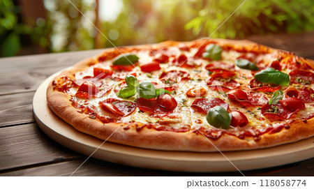 closeup pizza on wooden table with blurred background 118058774