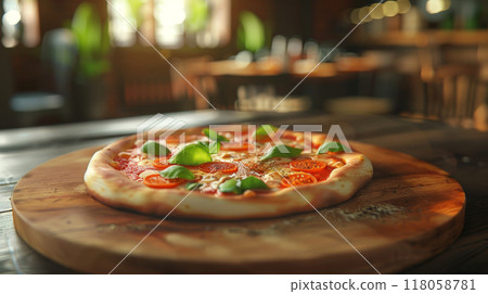 pizza on wooden table in pizzeria restaurant background 118058781
