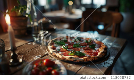 pizza on wooden table in pizzeria restaurant background 118058782