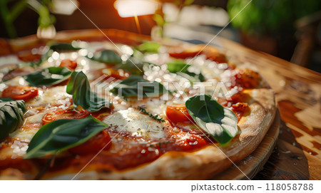 closeup pizza on wooden table in pizzeria restaurant background 118058788