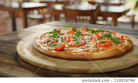 Italian pizza on wooden table in pizzeria restaurant background 118058790