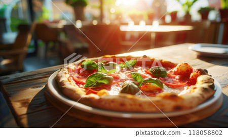 pizza on wooden table in pizzeria restaurant background pizza on wooden table in pizzeria restaurant background 118058802