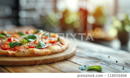 pizza on kitchen table with ingredients on blurred background  118058806