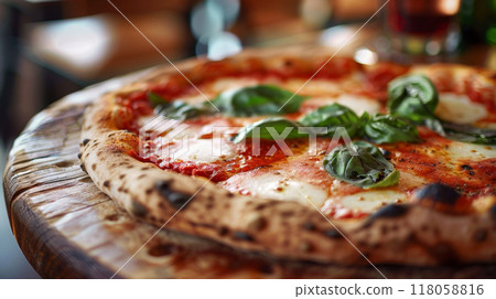 closeup pizza on wooden table in pizzeria restaurant background 118058816