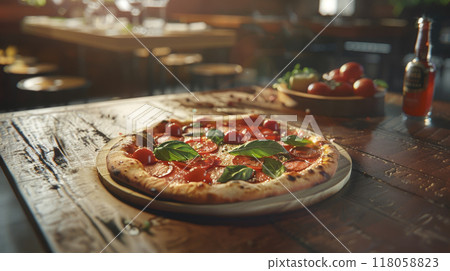 pizza on wooden table in pizzeria restaurant background 118058823