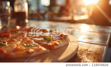 closeup pizza on wooden table in pizzeria restaurant background 118058826