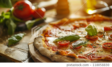 closeup pizza with ingredients on wooden table  118058830